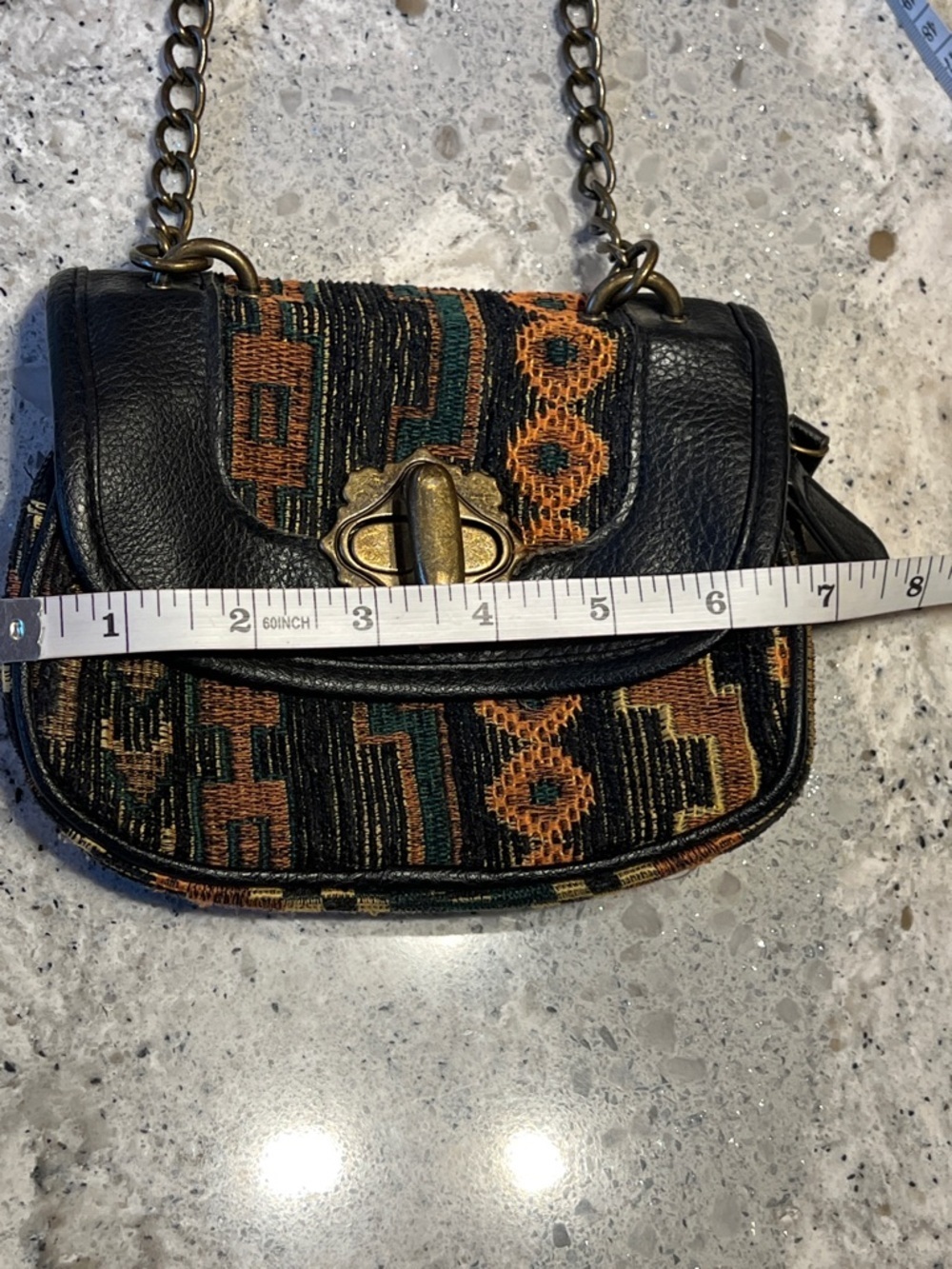 Icing Black Leather & Rust Patterned Tapestry Crossbody Chunky Brass Hardware - Picture 9 of 12